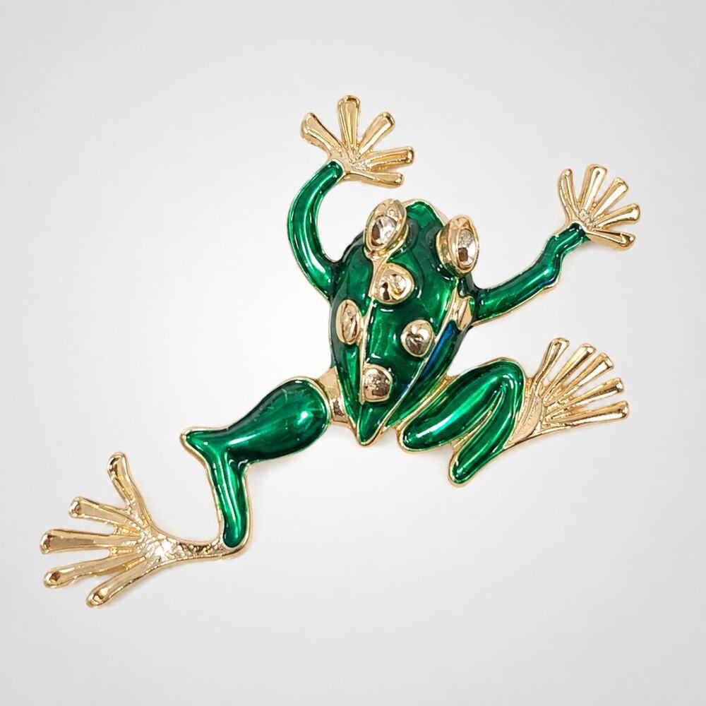 Vintage Green Enameled Frog‎ Brooch Pin Gold-Tone Figural 2" ab1-135